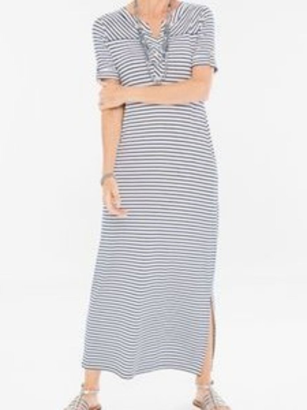 NWT Chico's Navy & White Striped Tee Cuff Detail Midi Maxi Dress Petite 1 Medium